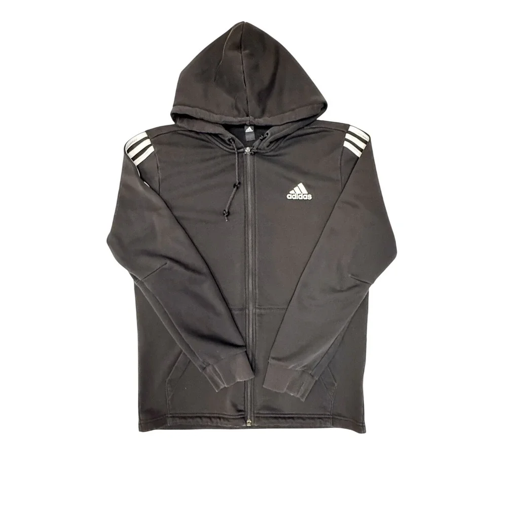 Adidas Mens Full Zip Hoodie Black White 3 Stripe Athletic Sweatshirt Size M